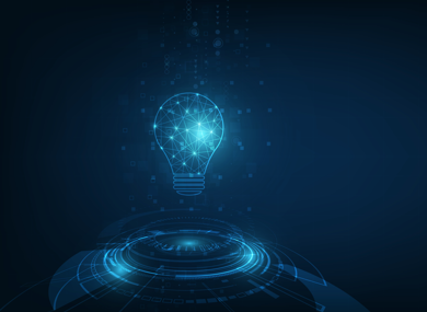 A graphic with a light bulb in a technology treatment